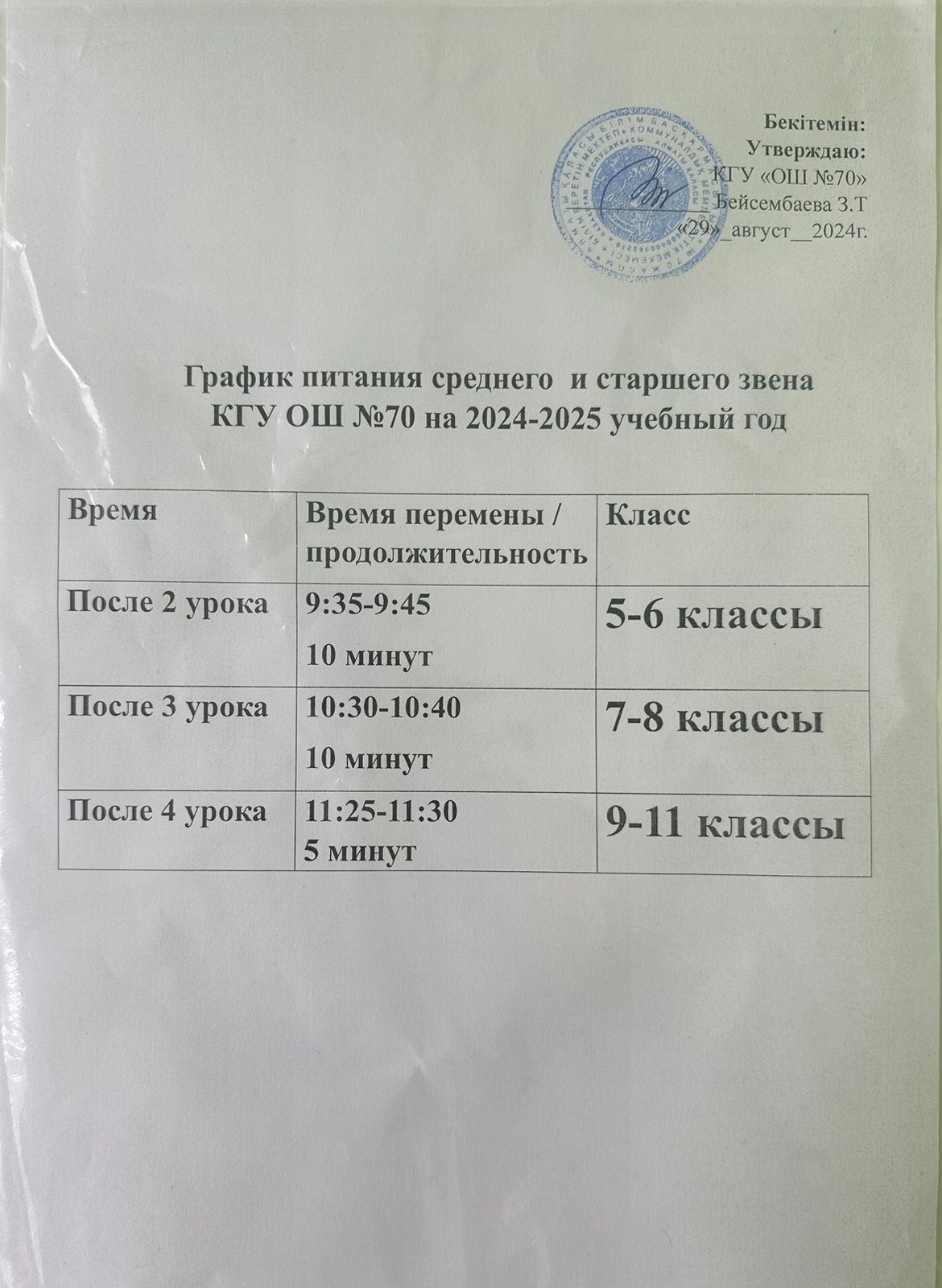 Орта және жоғары сынып оқушыларының тамақтану графигі. График питания среднего и старшего звена