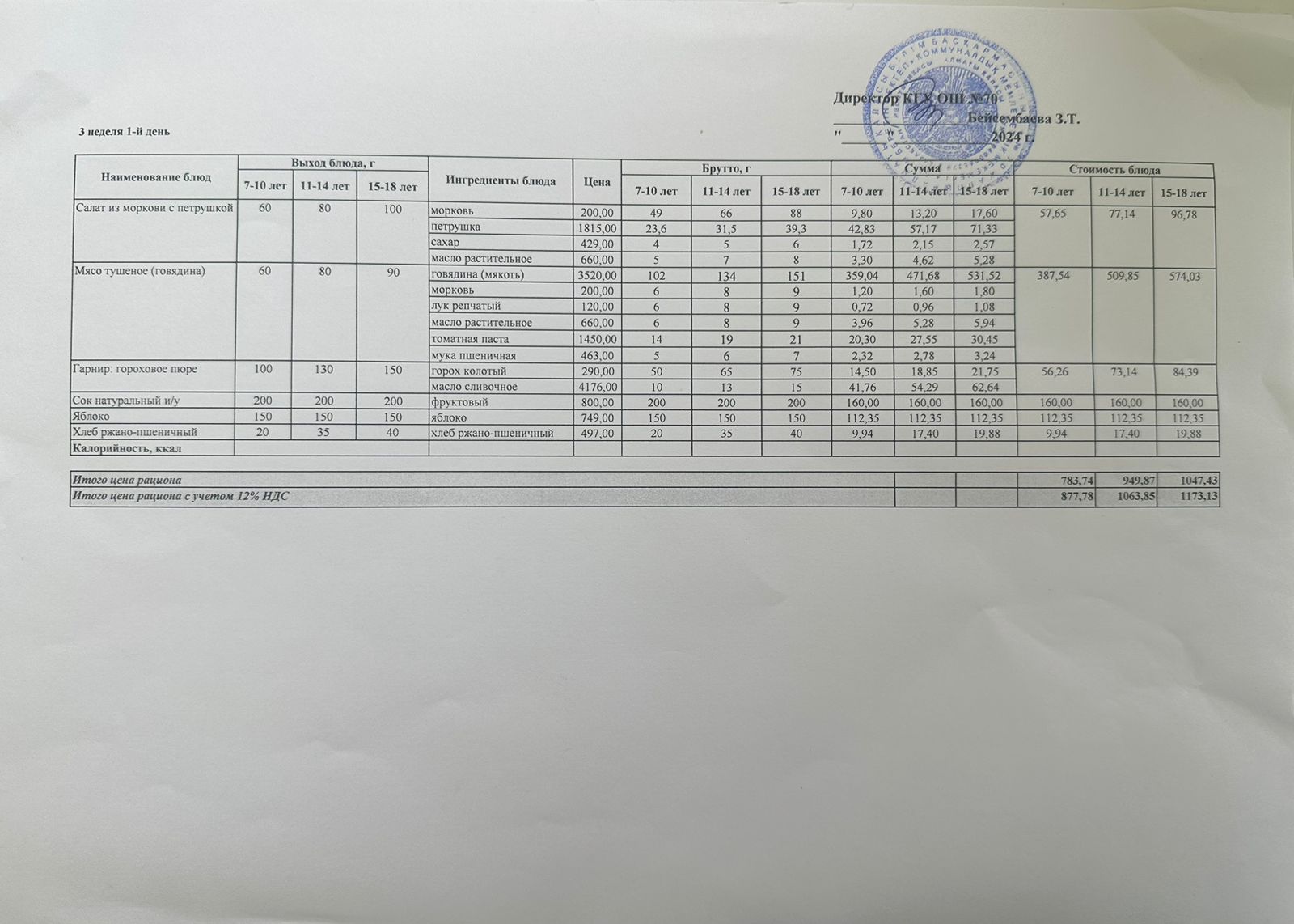 ТӨРТ АПТАЛЫҚ АС МӘЗІРІ (ЖАЗ-КҮЗ) 3 АПТА, 1 КҮН