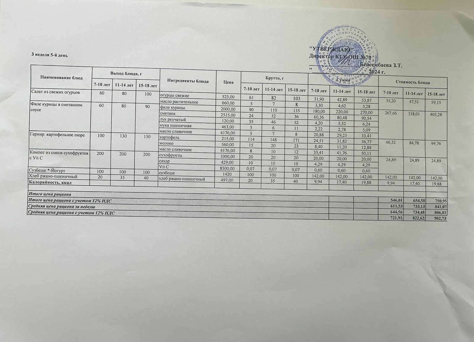 ТӨРТ АПТАЛЫҚ АС МӘЗІРІ (ЖАЗ-КҮЗ) 3 АПТА, 5 КҮН