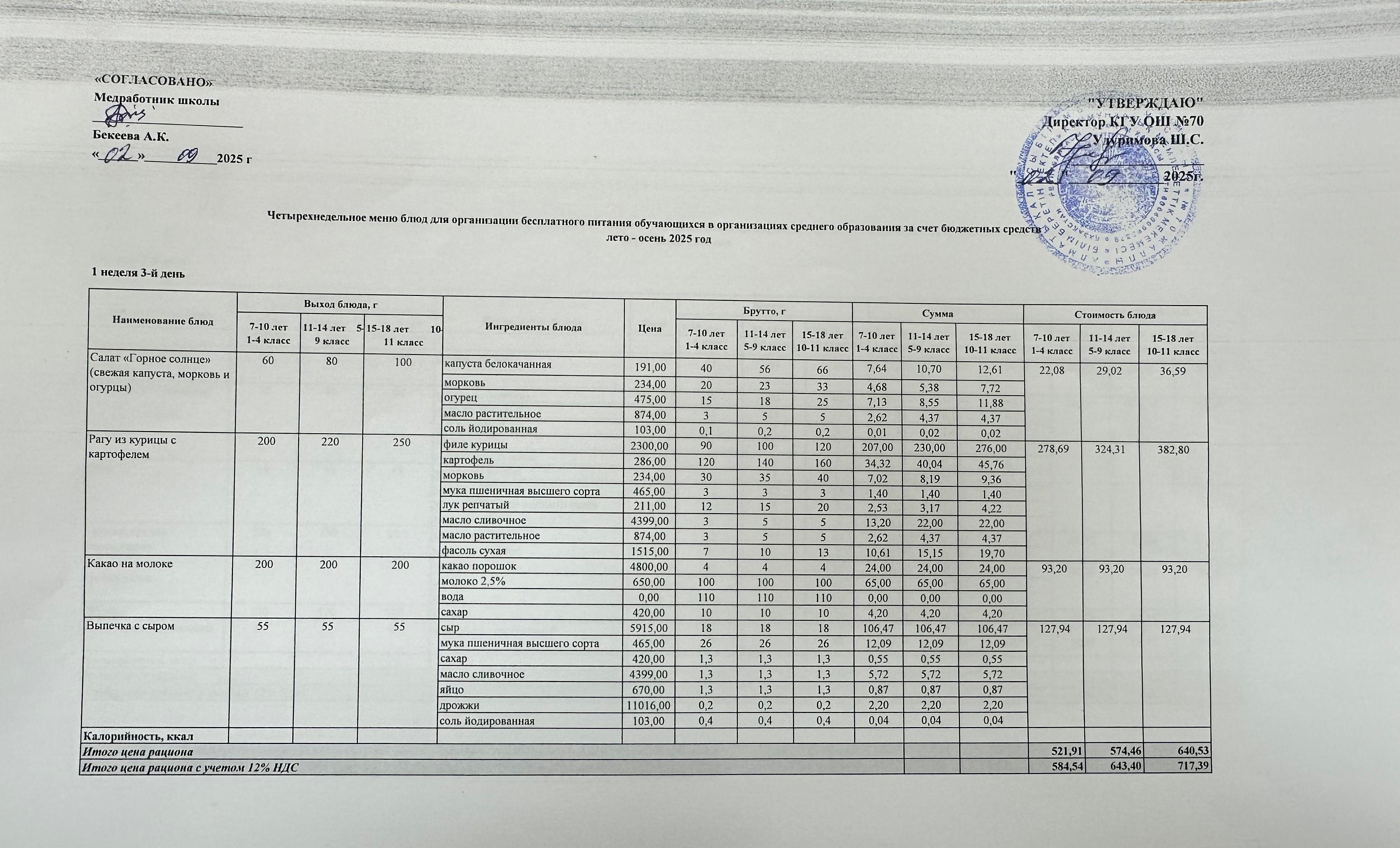 ТӨРТ АПТАЛЫҚ АС МӘЗІРІ (ЖАЗ-КҮЗ 2025) 1 АПТА, 3 КҮН. ЧЕТЫРЕХНЕДЕЛЬНОЕ МЕНЮ БЛЮД ДЛЯ БЕСПЛАТНОГО ПИТАНИЯ