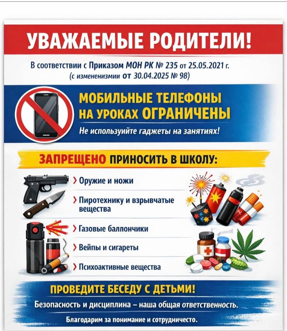 Мектепте ұялы телефондар мен тыйым салынған заттарды пайдалануға қатысты талаптар.